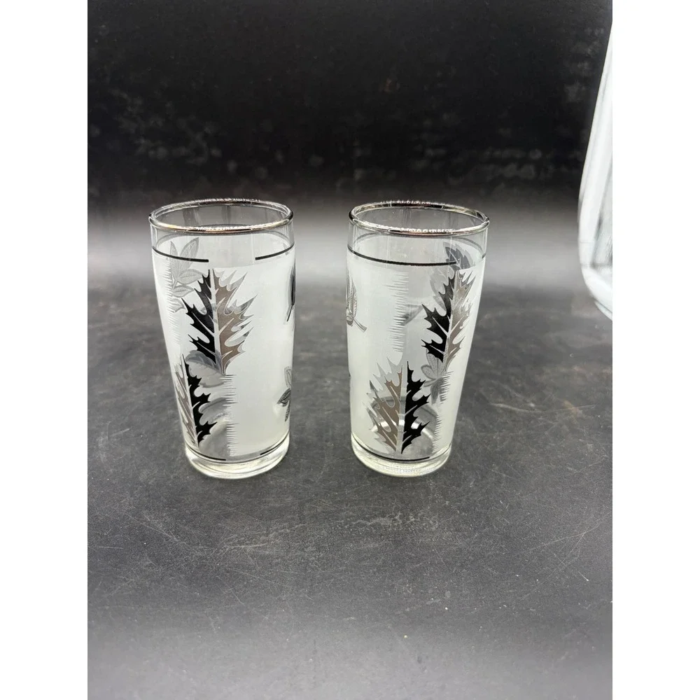 Vintage Libbey Frosted Silver Leaf Highball Glasses‎ Mid Century Modern Set of 2